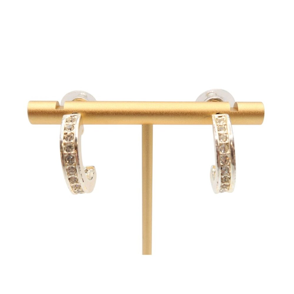 Silver Tone Channel Set Rhinestone Small Hoop Earrings Classic Elegant Preppy